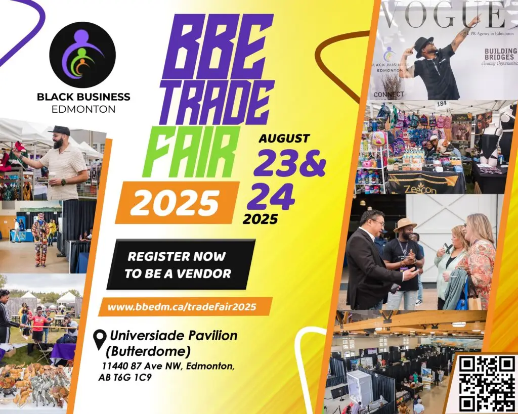 BBE Trade Fair 2025 official event poster featuring dates, location, and Black entrepreneurs in Edmonton.